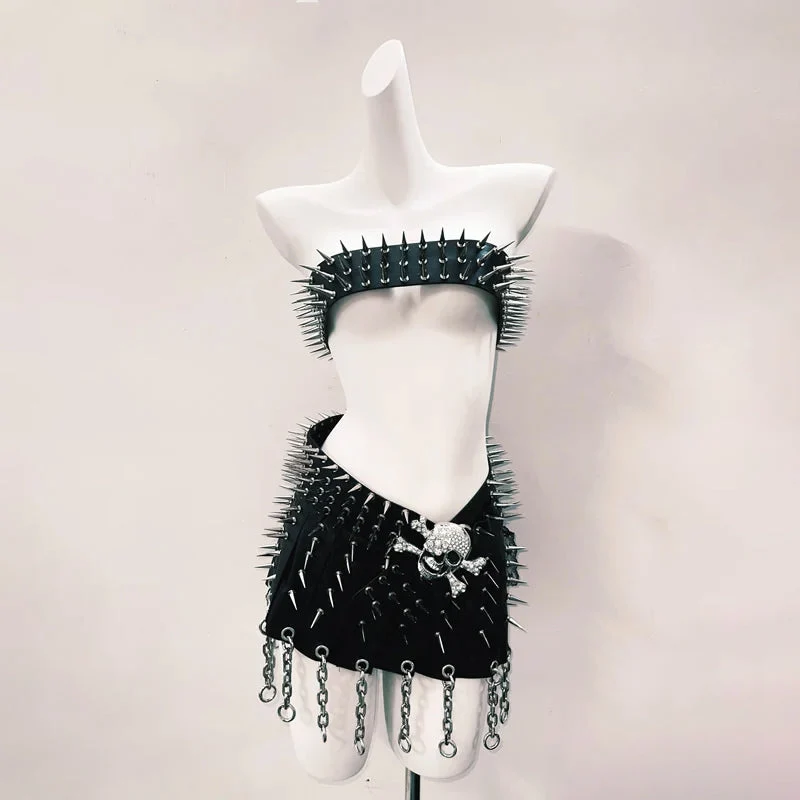 Skull applique rivet PU leather belt top