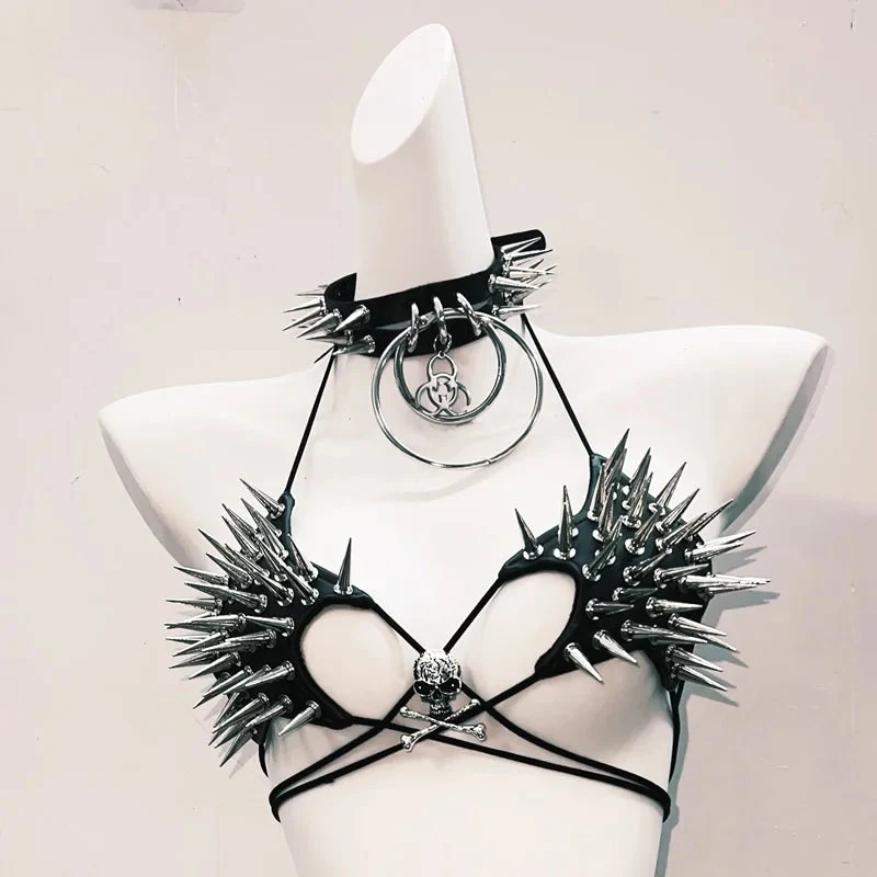 Rhinestone halter self tie skull applique belt top