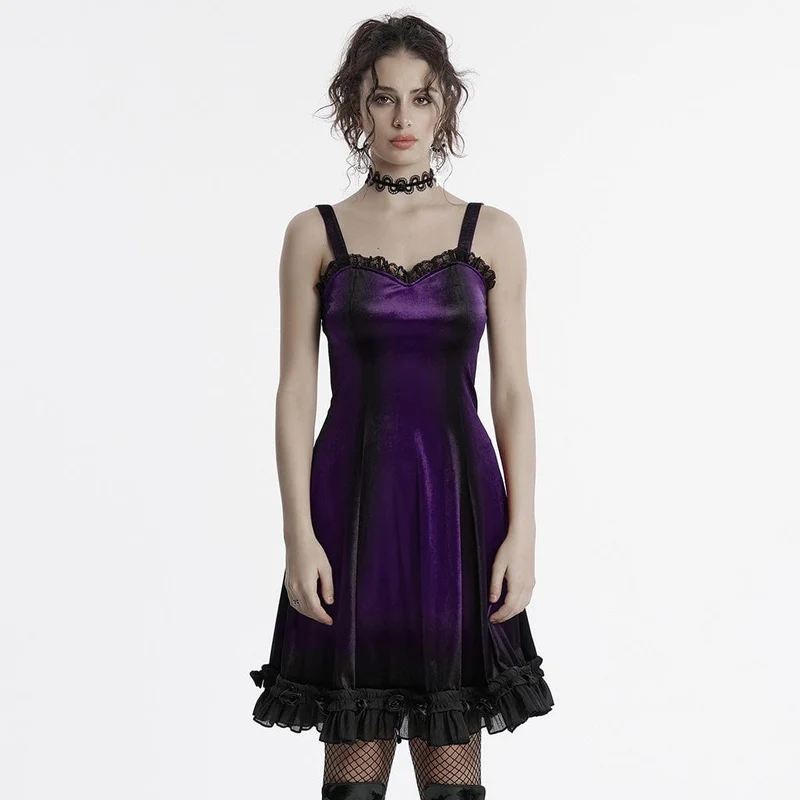 Damen-Gothic-Kleid aus Samt mit Rüschen, Spitzeneinsatz und Farbverlauf, Abschlusskleid, Violett
