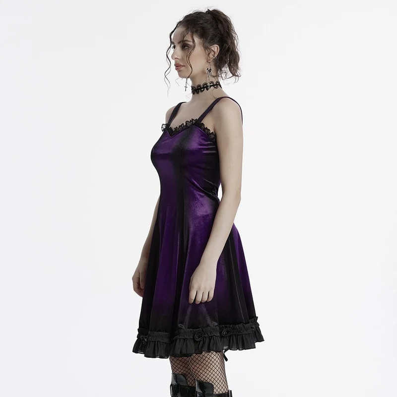 Damen-Gothic-Kleid aus Samt mit Rüschen, Spitzeneinsatz und Farbverlauf, Abschlusskleid, Violett