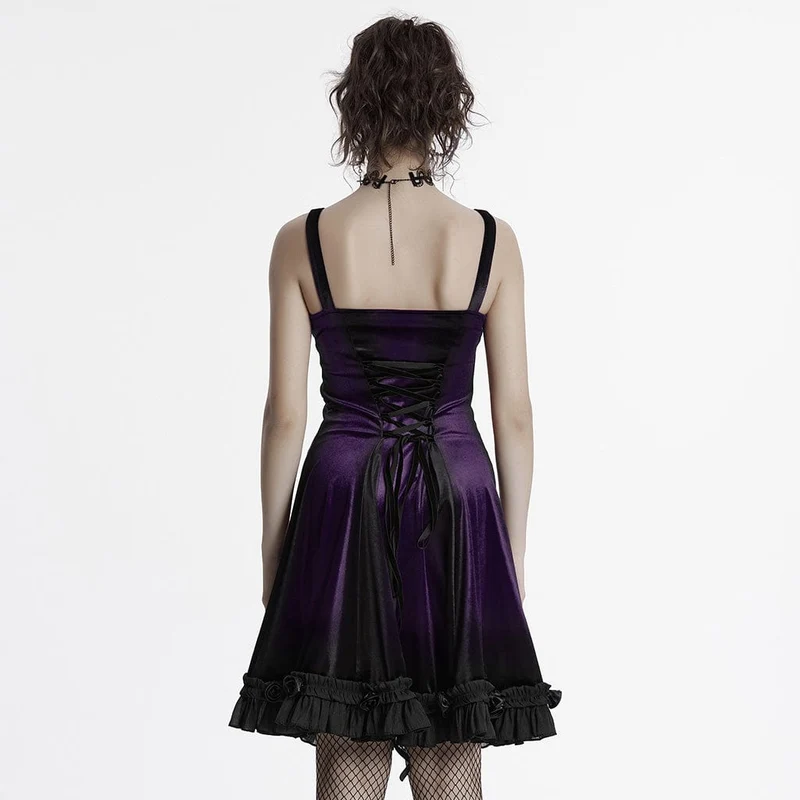Damen-Gothic-Kleid aus Samt mit Rüschen, Spitzeneinsatz und Farbverlauf, Abschlusskleid, Violett