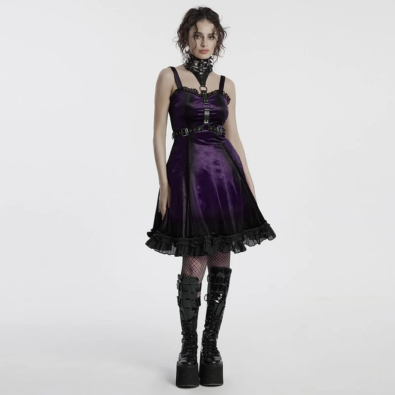 Damen-Gothic-Kleid aus Samt mit Rüschen, Spitzeneinsatz und Farbverlauf, Abschlusskleid, Violett
