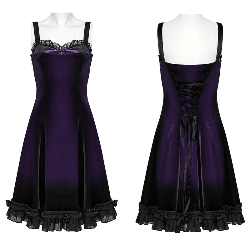 Damen-Gothic-Kleid aus Samt mit Rüschen, Spitzeneinsatz und Farbverlauf, Abschlusskleid, Violett