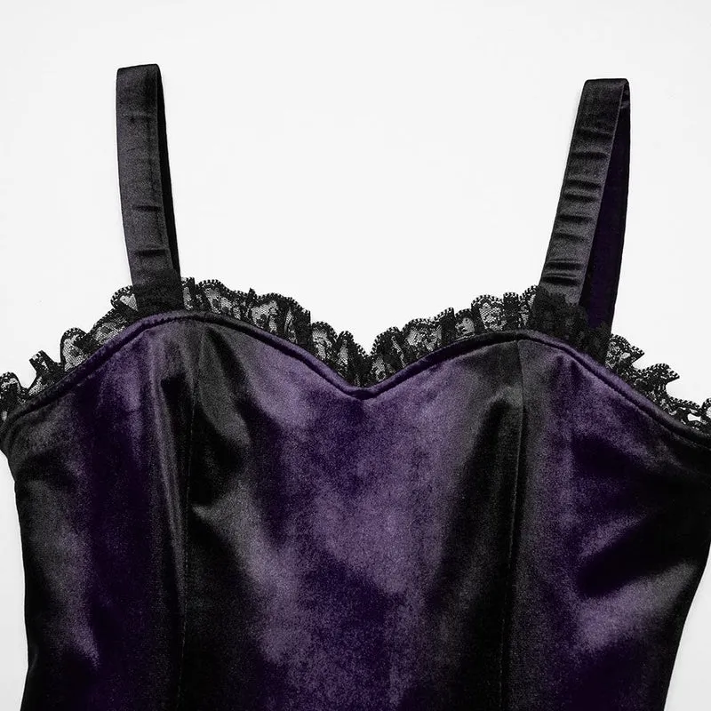 Damen-Gothic-Kleid aus Samt mit Rüschen, Spitzeneinsatz und Farbverlauf, Abschlusskleid, Violett