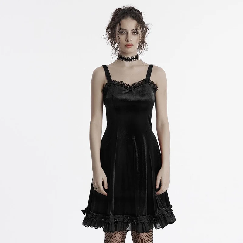 Gothic-Slipkleid aus Samt mit Rüschen, Spitzeneinsatz und Farbverlauf für Damen, Abschlusskleid