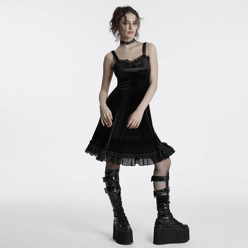 Gothic-Slipkleid aus Samt mit Rüschen, Spitzeneinsatz und Farbverlauf für Damen, Abschlusskleid