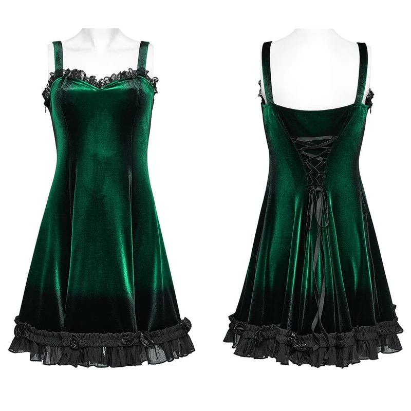 Grünes, gotisches Samtkleid mit Rüschen, Spitzeneinsatz und Farbverlauf für Damen, ideal für Abschlussfeiern