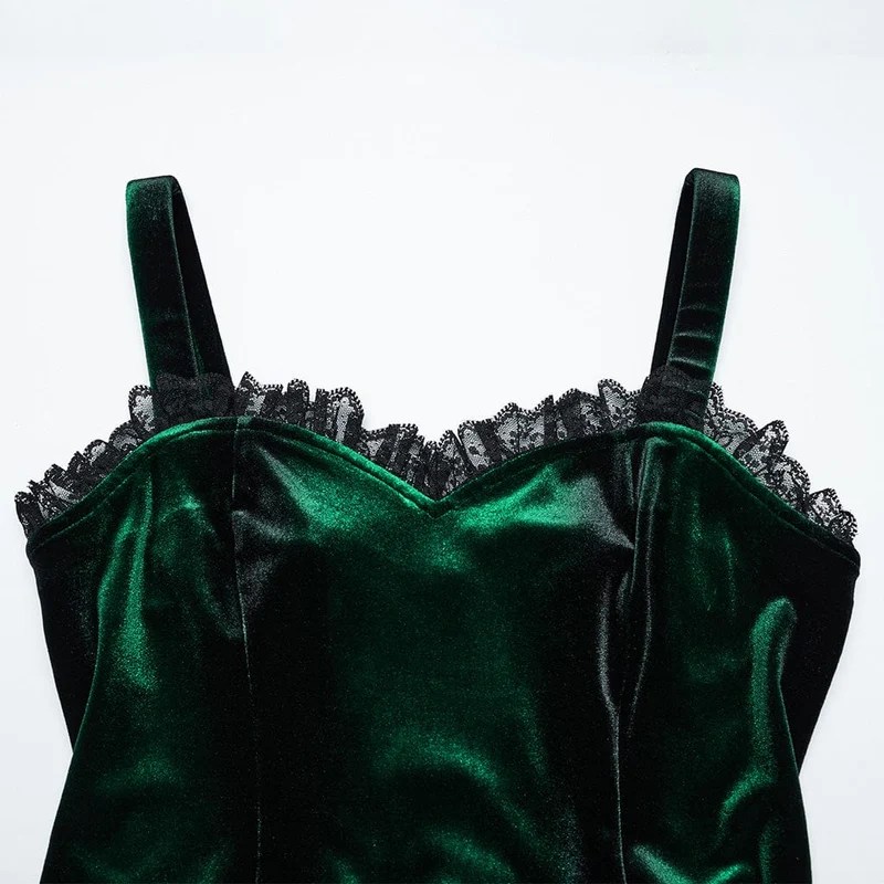 Grünes, gotisches Samtkleid mit Rüschen, Spitzeneinsatz und Farbverlauf für Damen, ideal für Abschlussfeiern