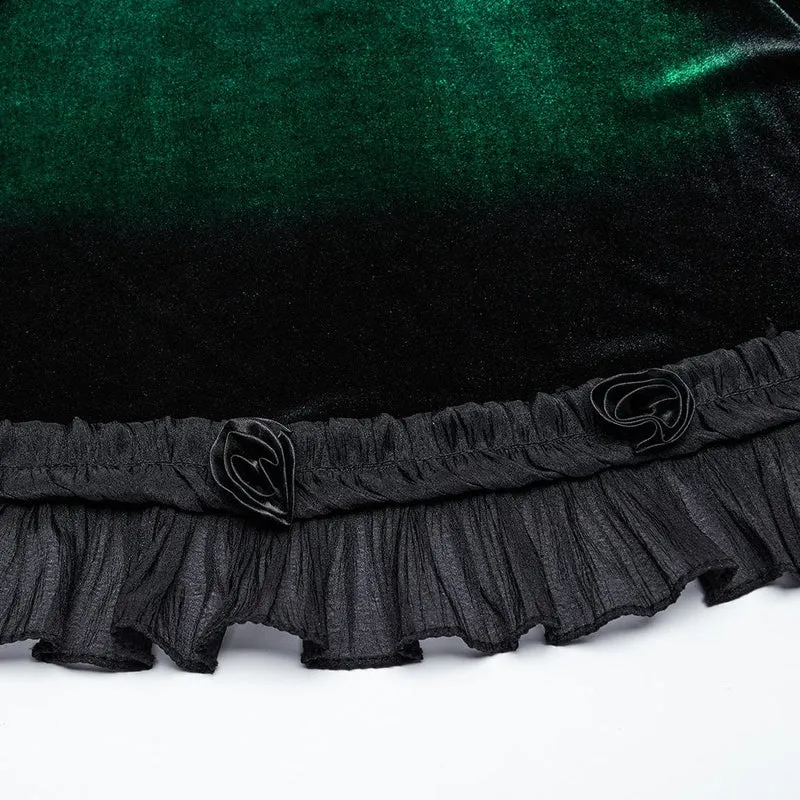 Grünes, gotisches Samtkleid mit Rüschen, Spitzeneinsatz und Farbverlauf für Damen, ideal für Abschlussfeiern