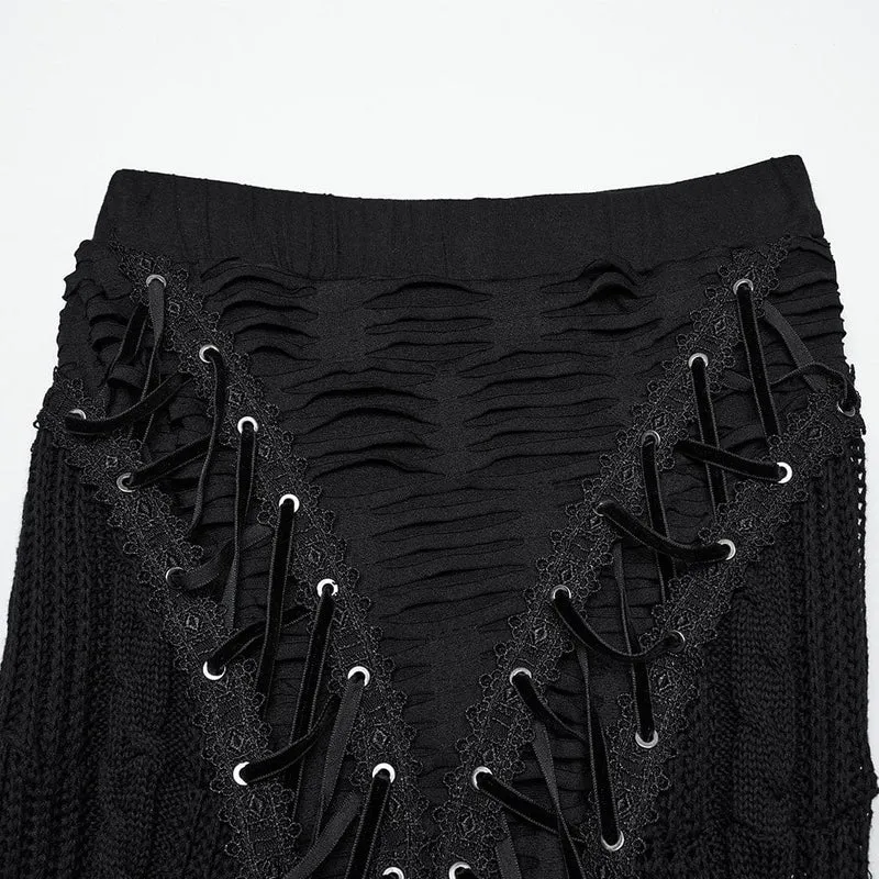 Gothic Ripped Lace-up Strickrock für Damen Schwarz