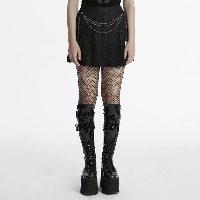 Damen Punk Lace Splice Schwarzer Faltenrock mit Kette