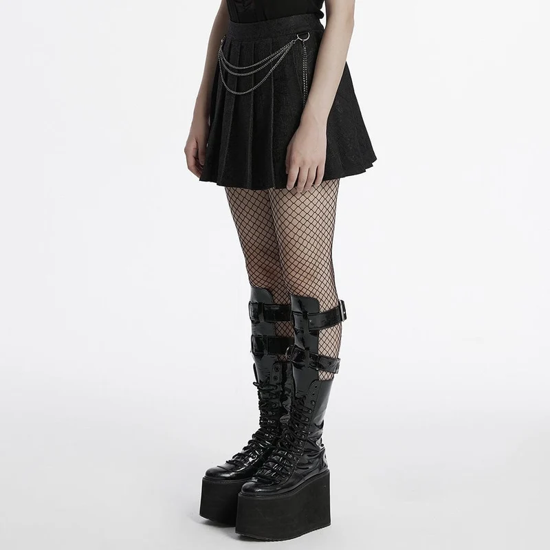 Damen Punk Lace Splice Schwarzer Faltenrock mit Kette