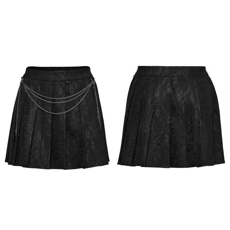 Damen Punk Lace Splice Schwarzer Faltenrock mit Kette
