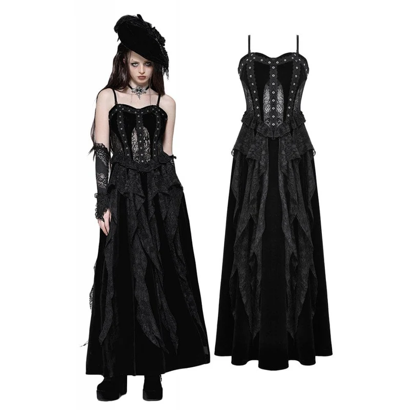 Gothic-Kleid aus Samt mit Rüschen, Rüschen, Spitze und Korsett-Einsätzen – Brautkleid