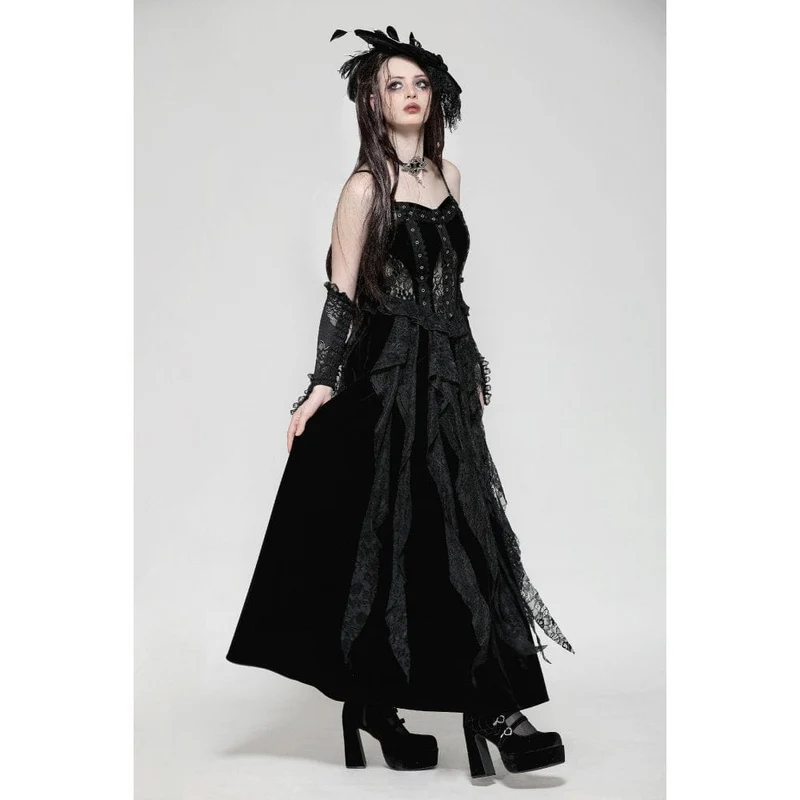 Gothic-Kleid aus Samt mit Rüschen, Rüschen, Spitze und Korsett-Einsätzen – Brautkleid