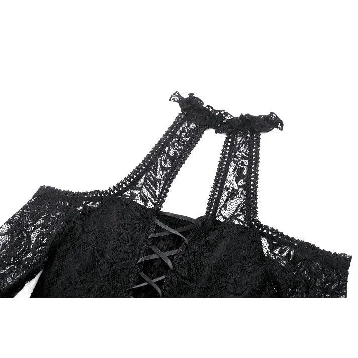 Gothic-Abendkleid aus Spitze mit schulterfreiem High/Low-Ausschnitt für Damen