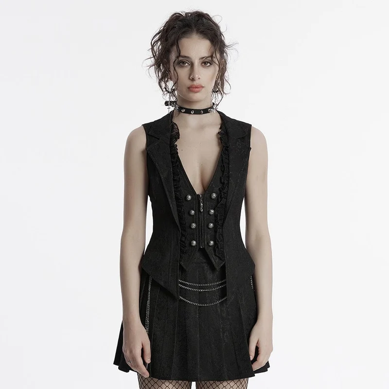 Gothic Weste mit Rüschen und Spitzen-Revers für Damen in Schwarz