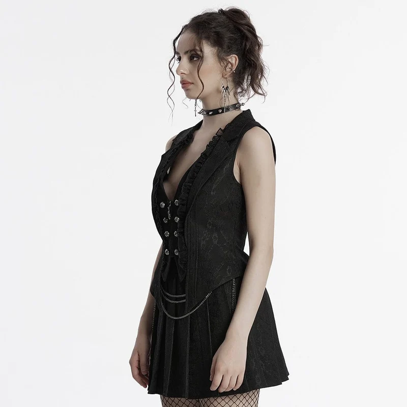 Gothic Weste mit Rüschen und Spitzen-Revers für Damen in Schwarz