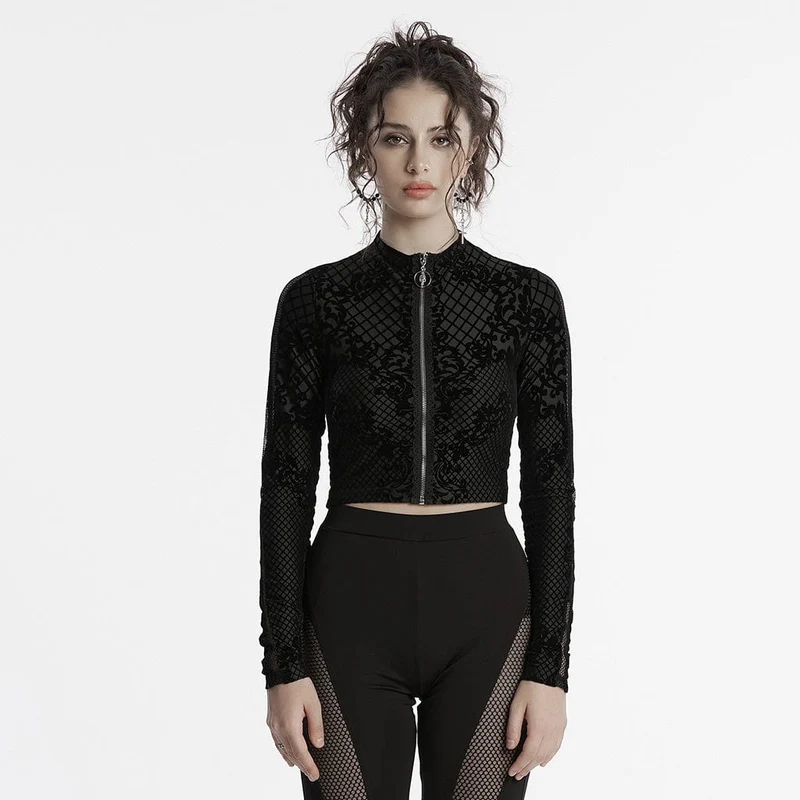 Gothic-Reißverschluss-Flock-Mesh-Jacke für Damen