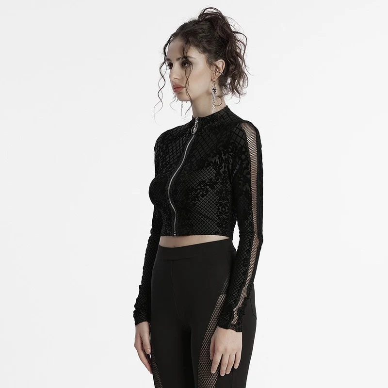 Gothic-Reißverschluss-Flock-Mesh-Jacke für Damen