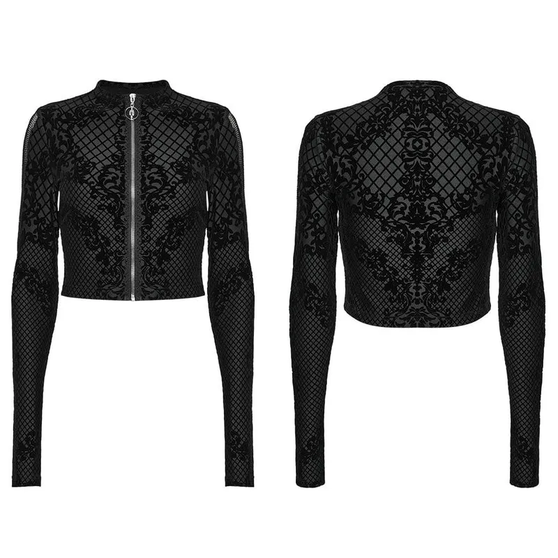 Gothic-Reißverschluss-Flock-Mesh-Jacke für Damen