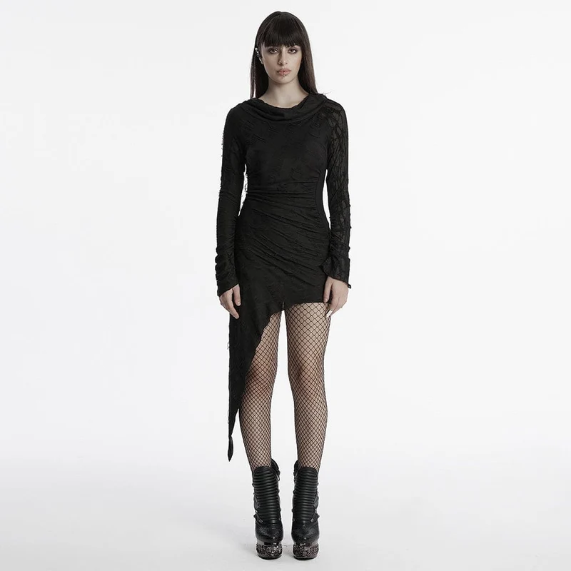 Damen Punk Unregelmäßig Zerrissen Musik Festival Kleid mit Kapuze