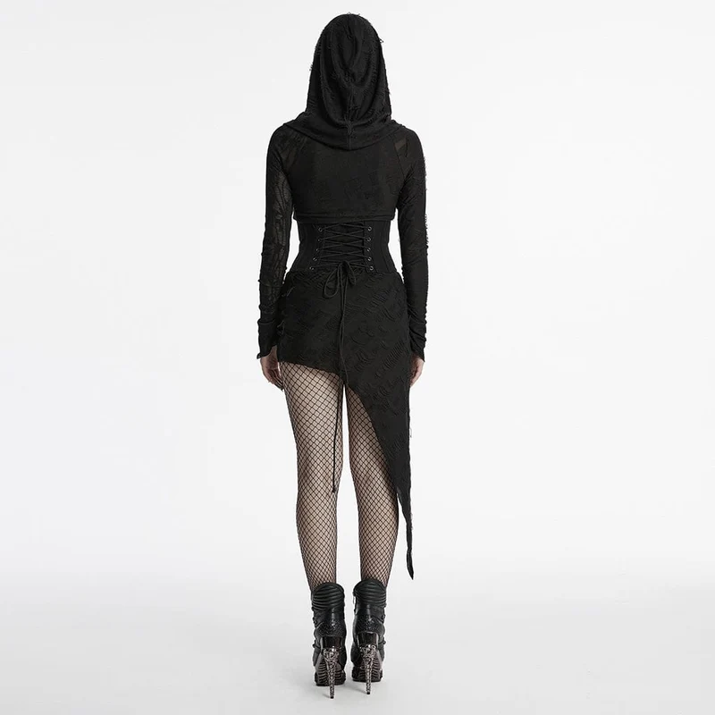 Damen Punk Unregelmäßig Zerrissen Musik Festival Kleid mit Kapuze