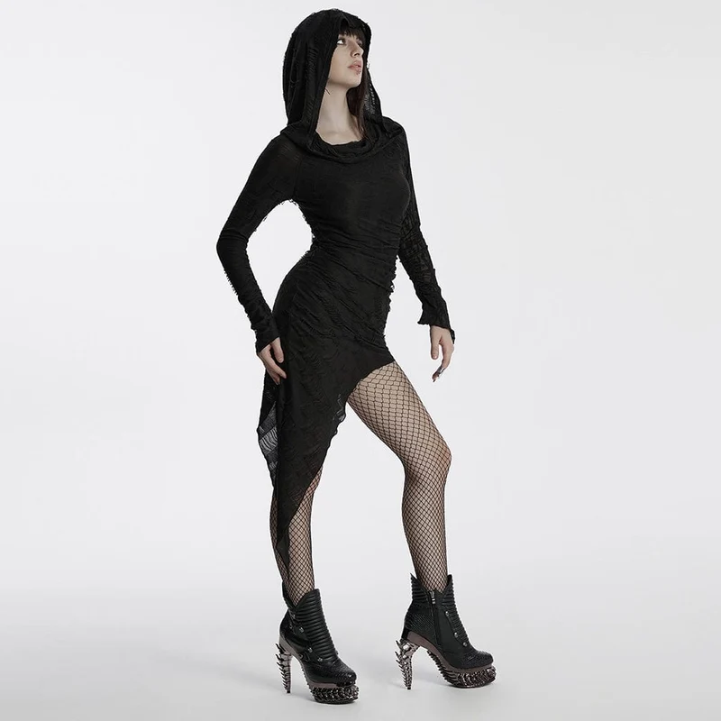 Damen Punk Unregelmäßig Zerrissen Musik Festival Kleid mit Kapuze