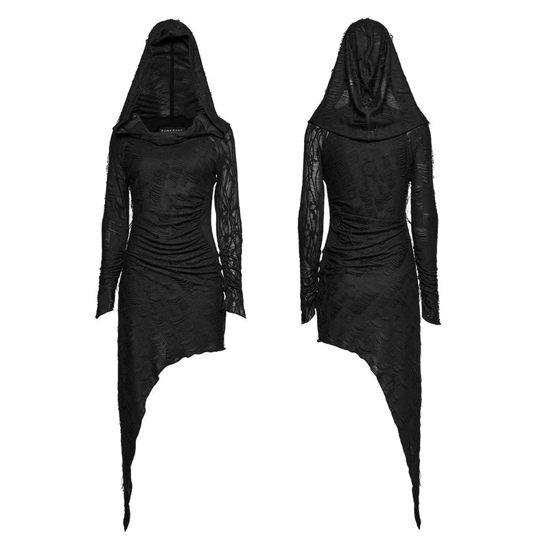 Damen Punk Unregelmäßig Zerrissen Musik Festival Kleid mit Kapuze