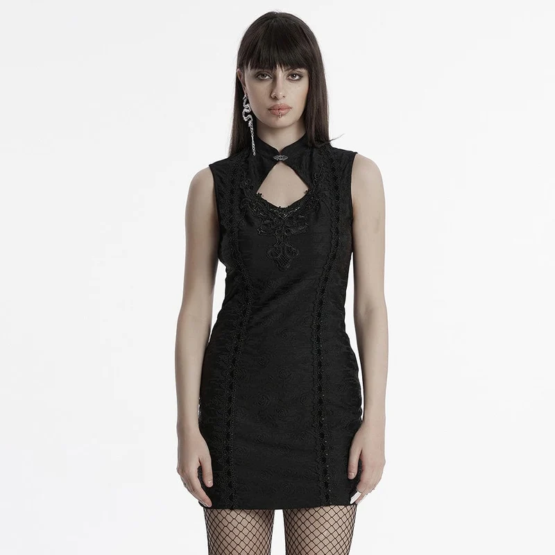 Gothic Cheongsam-Kleid für Damen mit Kragen, floraler Stickerei, Abschlussballkleid