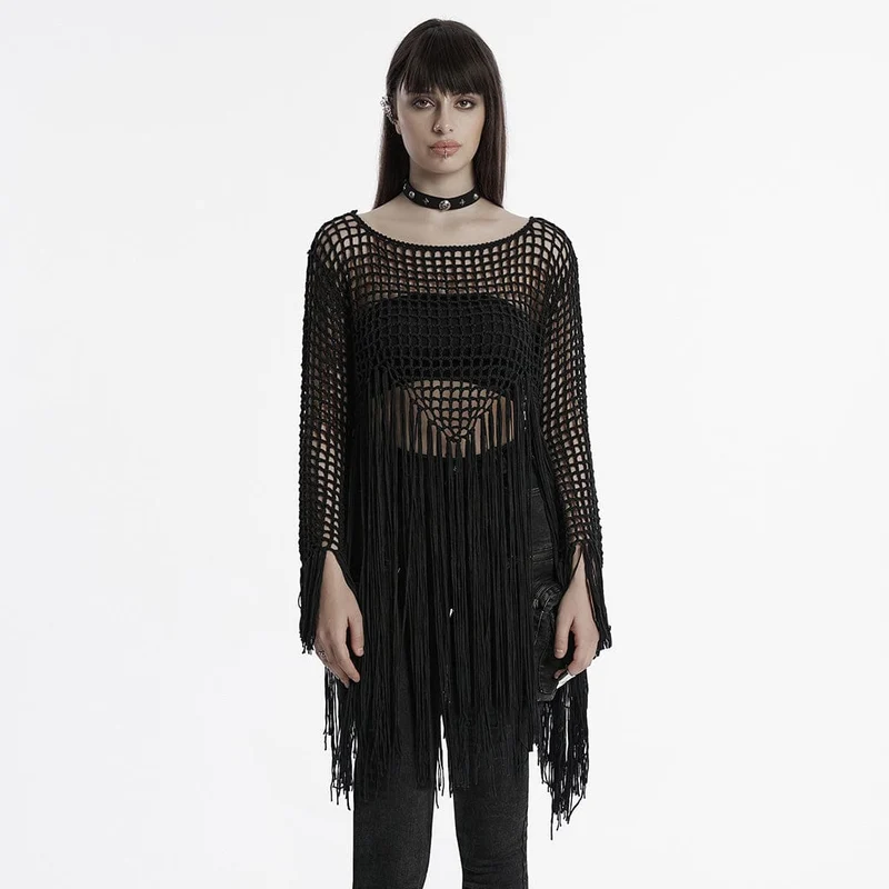 Gothic-Pullover mit ausgehöhlten Quasten für Damen in Schwarz