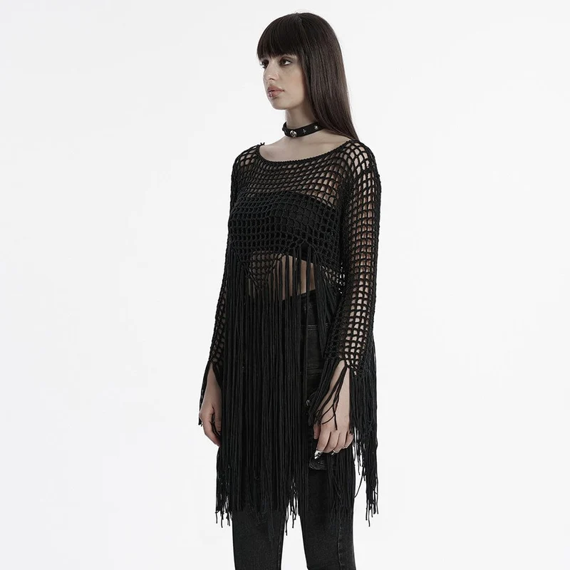 Gothic-Pullover mit ausgehöhlten Quasten für Damen in Schwarz