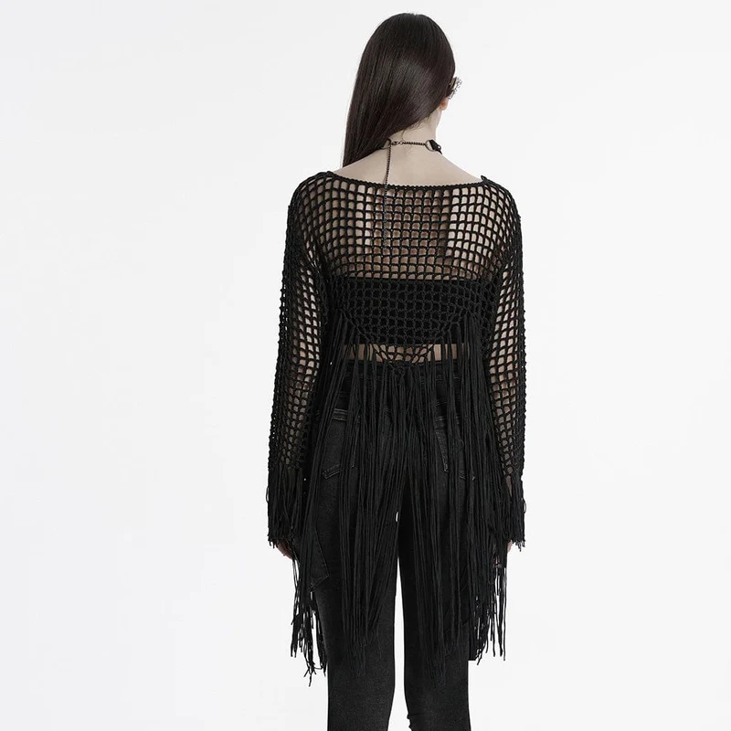 Gothic-Pullover mit ausgehöhlten Quasten für Damen in Schwarz