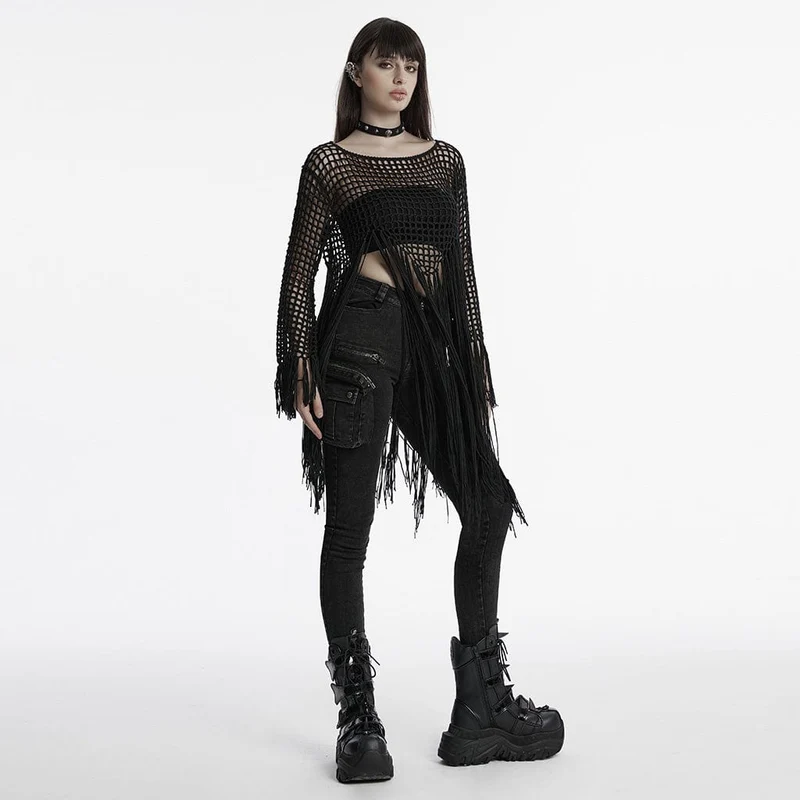 Gothic-Pullover mit ausgehöhlten Quasten für Damen in Schwarz