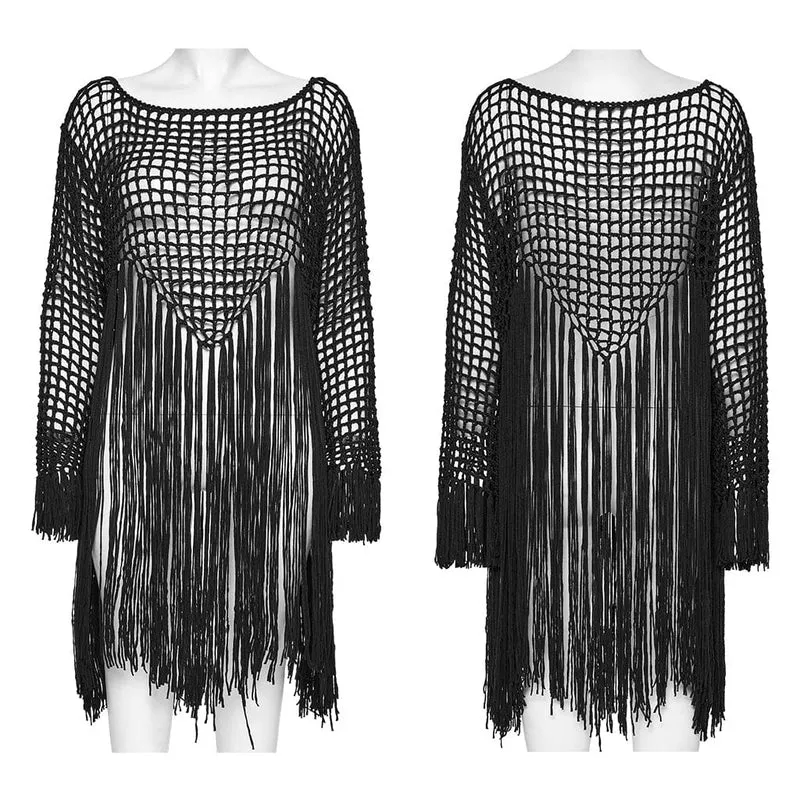 Gothic-Pullover mit ausgehöhlten Quasten für Damen in Schwarz