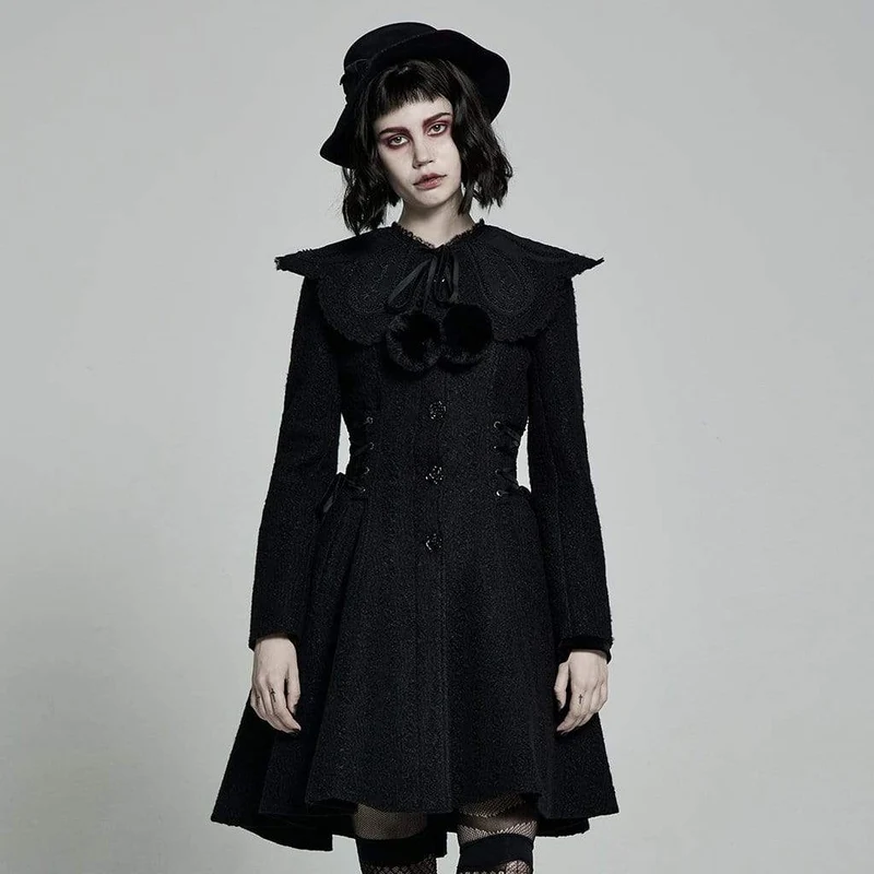 Damen Lolita Schwarzer Wollmantel mit abnehmbarem Kragen