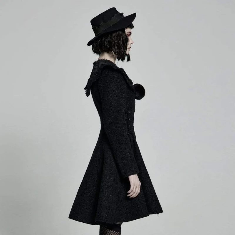Damen Lolita Schwarzer Wollmantel mit abnehmbarem Kragen