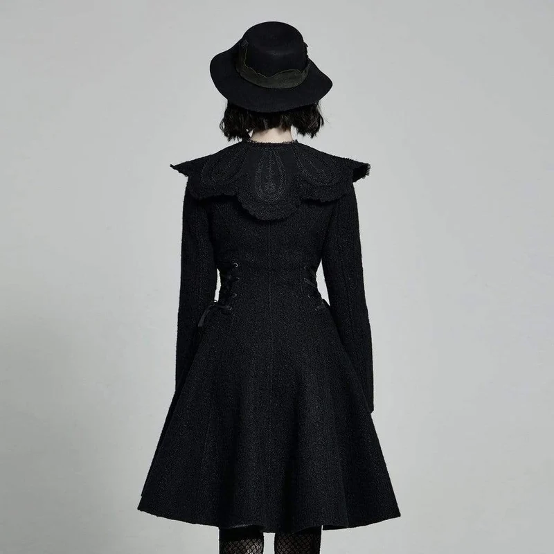 Damen Lolita Schwarzer Wollmantel mit abnehmbarem Kragen