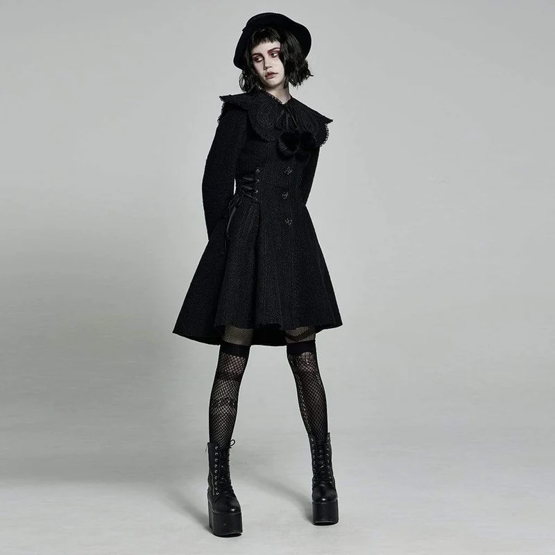 Damen Lolita Schwarzer Wollmantel mit abnehmbarem Kragen