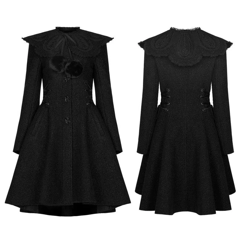 Damen Lolita Schwarzer Wollmantel mit abnehmbarem Kragen