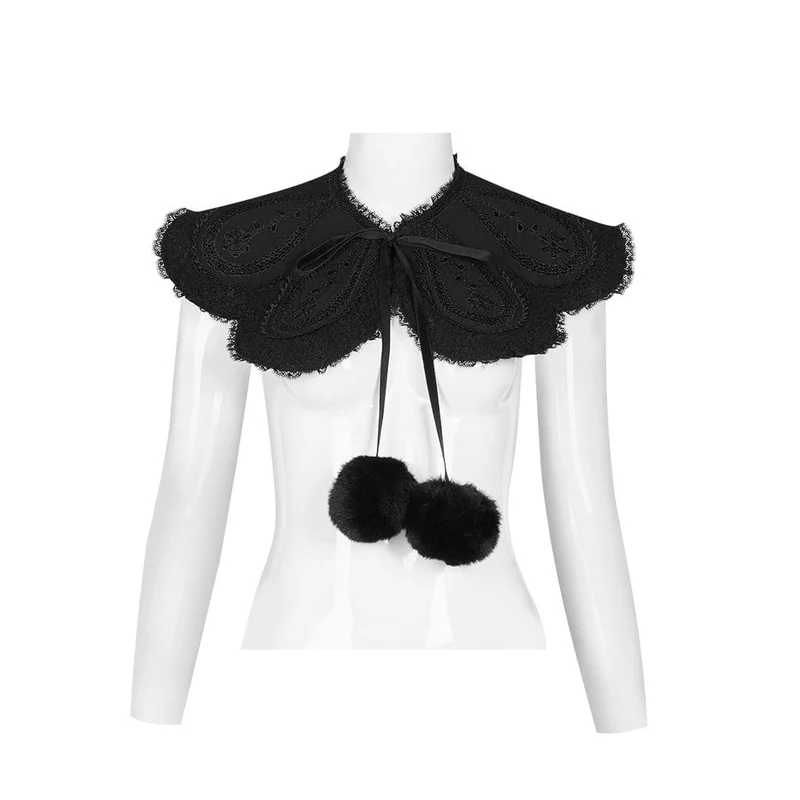 Damen Lolita Schwarzer Wollmantel mit abnehmbarem Kragen