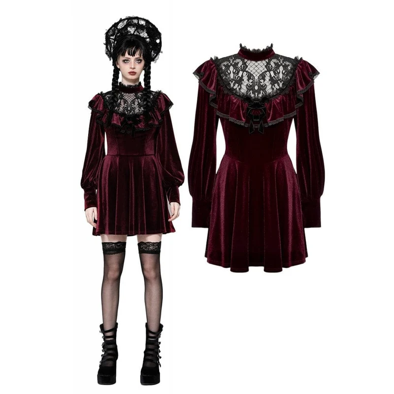 Rotes, gotisches Häkelkleid aus Samt für Damen, Abschlusskleid