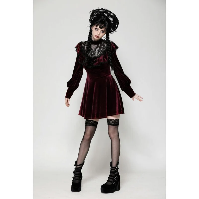Rotes, gotisches Häkelkleid aus Samt für Damen, Abschlusskleid