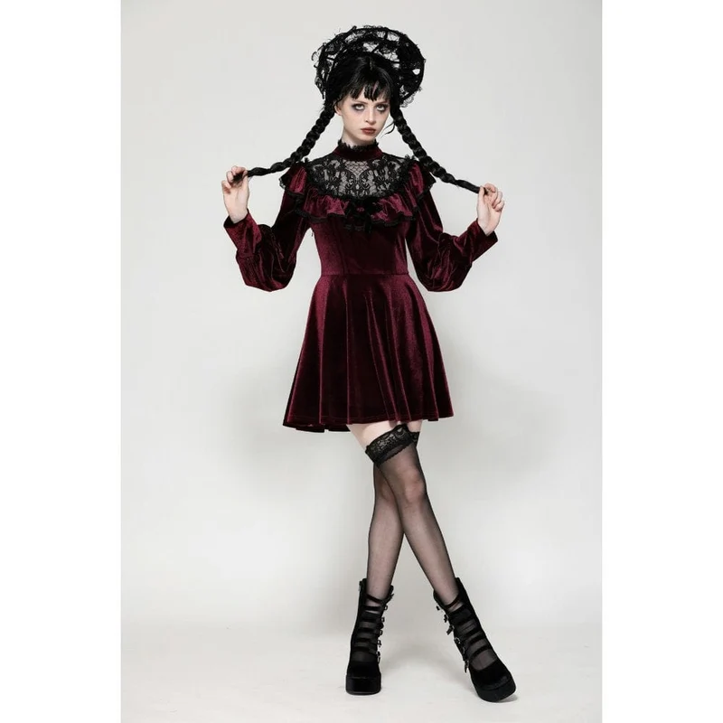 Rotes, gotisches Häkelkleid aus Samt für Damen, Abschlusskleid