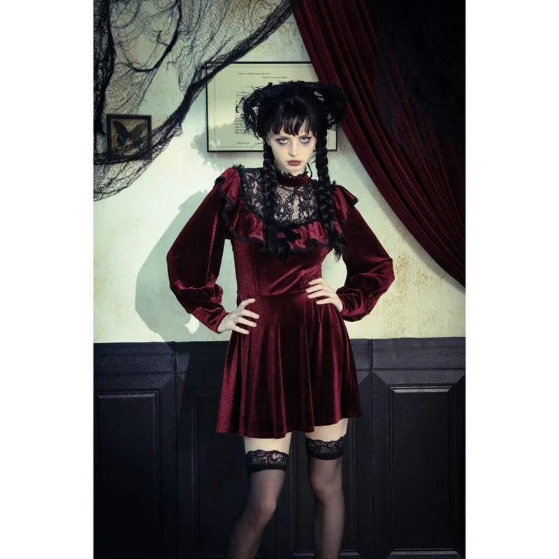 Rotes, gotisches Häkelkleid aus Samt für Damen, Abschlusskleid