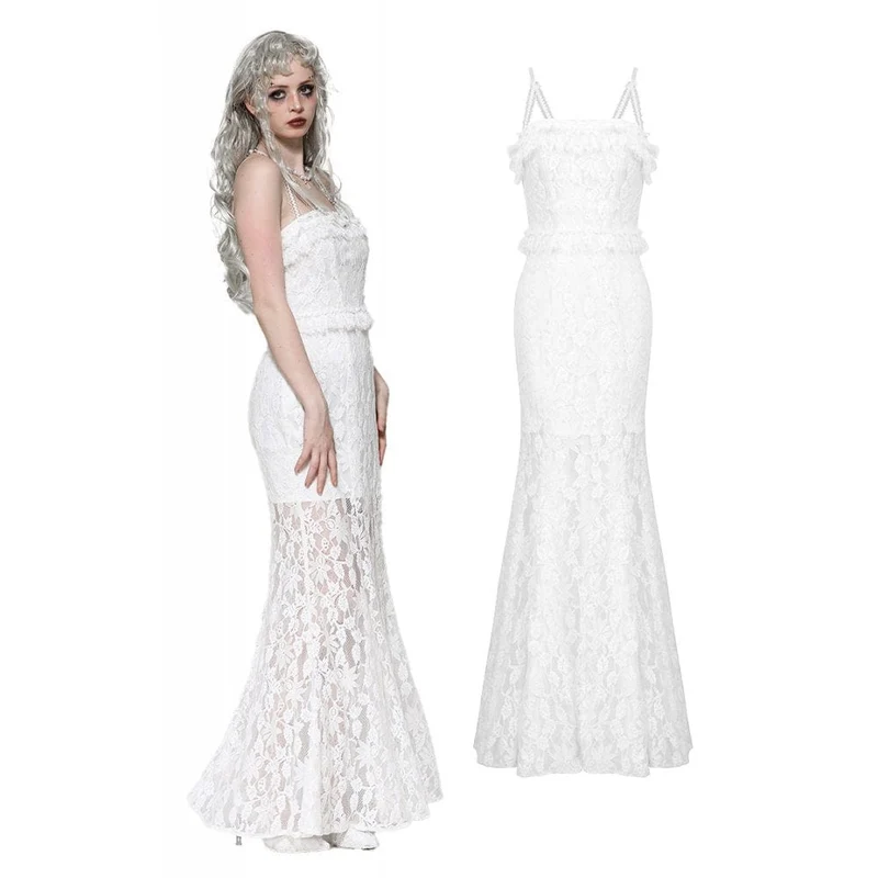 Weißes, gotisches, plissiertes Spitzen-Unterkleid für Damen – Hochzeitskleid