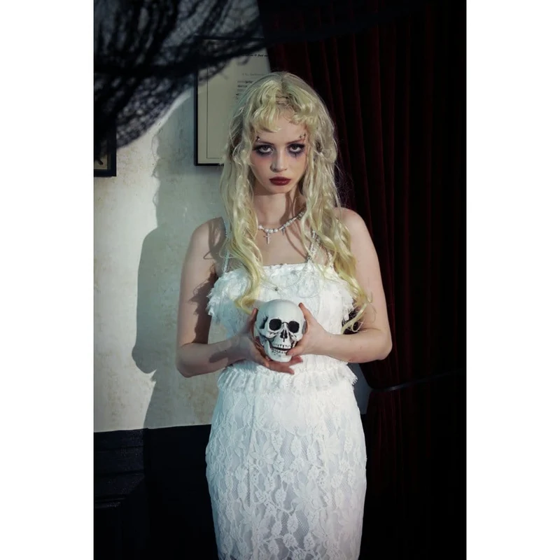 Weißes, gotisches, plissiertes Spitzen-Unterkleid für Damen – Hochzeitskleid