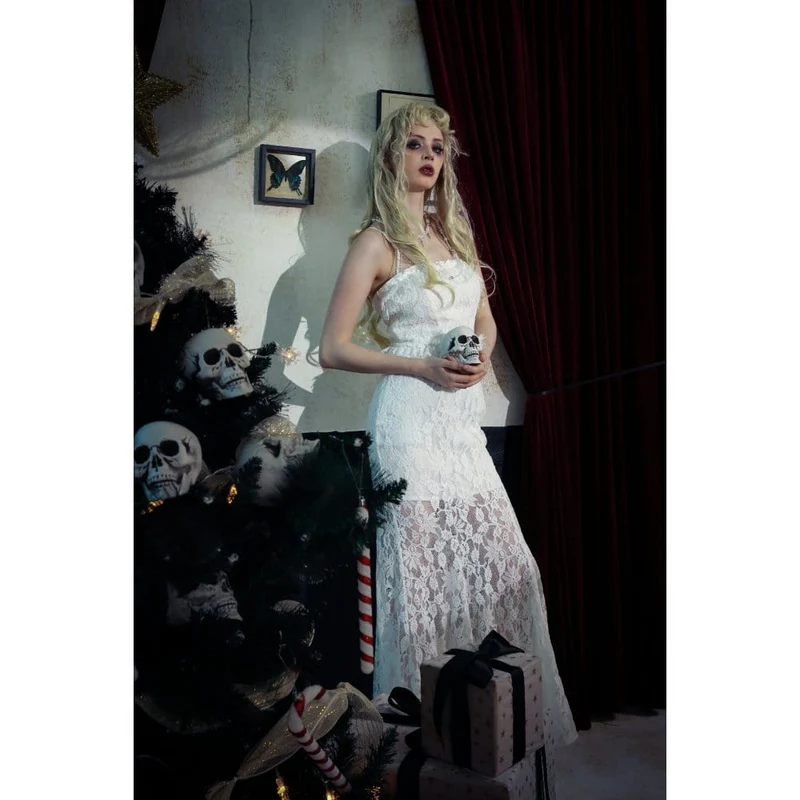 Weißes, gotisches, plissiertes Spitzen-Unterkleid für Damen – Hochzeitskleid