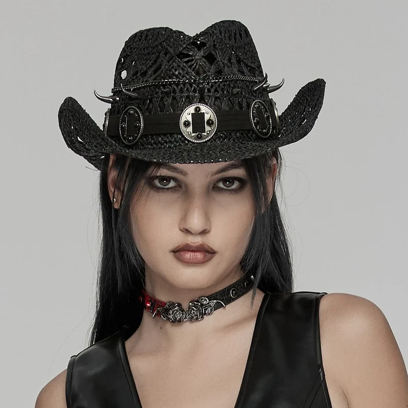 Damen Punk Cutout Nieten gewebter Hut Schwarz
