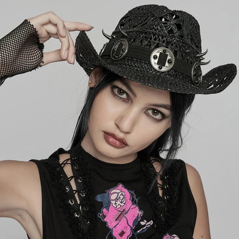 Damen Punk Cutout Nieten gewebter Hut Schwarz